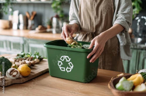 Person composting food scraps in green bin