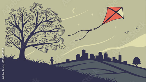 Illustration of kite flying over city skyline with tree and child on hill in nature scenery art