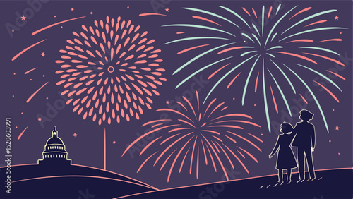Celebrate independence day with fireworks over washington dc patriotic holiday event vector illustration