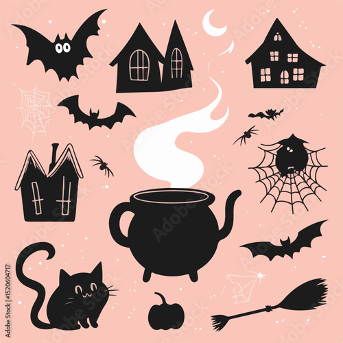 A set of scary items for celebrating Halloween. Vector graphics.