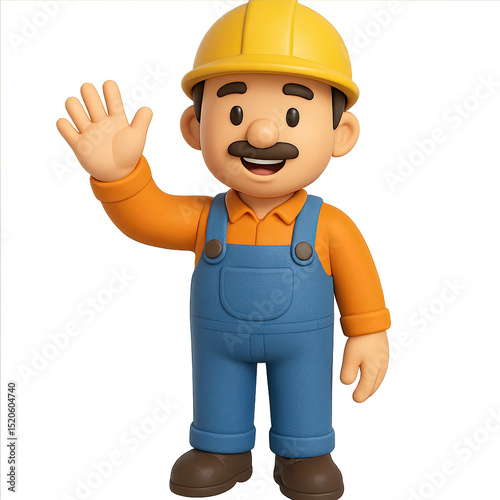 A friendly 3D cartoon construction worker with a mustache, in an orange hard hat, yellow shirt, and blue overalls, smiles and waves. Welcoming.