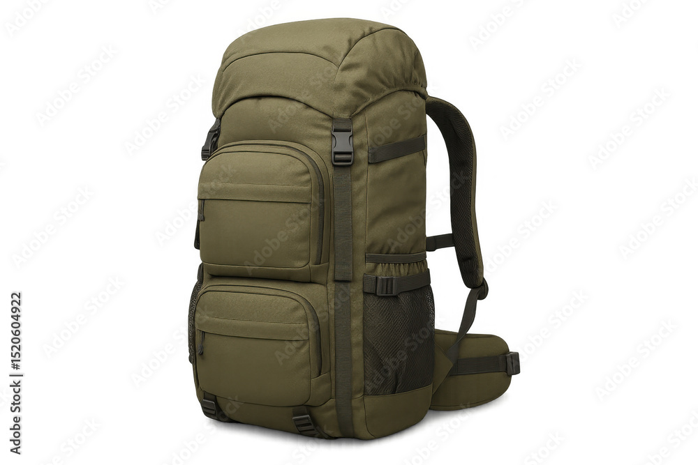 Fototapeta premium Hiking backpack with many pockets and straps, isolated on transparent background, perfect for outdoor adventures