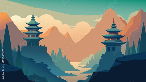 Pagoda landscape mountain illustration scenic background
