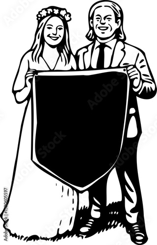 bride and groom on wedding day holding banner
