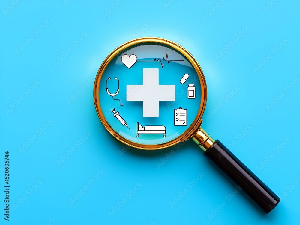 Fototapeta premium Magnifying glass reveals healthcare icons: medical cross, stethoscope, heart, medicine, hospital bed, prescription, and syringe.