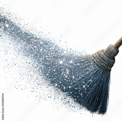 a broom in mid-motion sweeping shimmering particles into perfect lines of sparkle isolated on white background