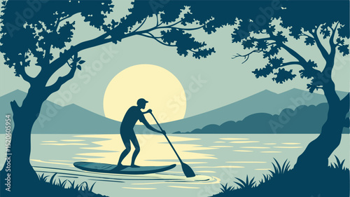 Paddle boarding on lake at sunset vector illustration for outdoor recreation and water sports activities