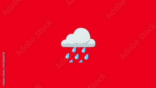 A rainy cloud emoji icon centered on a solid red background. The cloud should be soft gray with simple blue raindrops falling beneath it. Designed in a clean, minimal, emoji-style with smooth rounded 