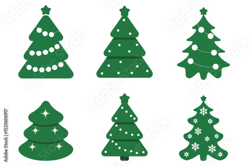 Six Green Christmas Trees with Different Decorations.eps