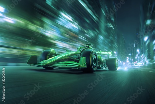 Green Formula Race Car Night Speed City Blur Motion fast dark track image racing sports energy      