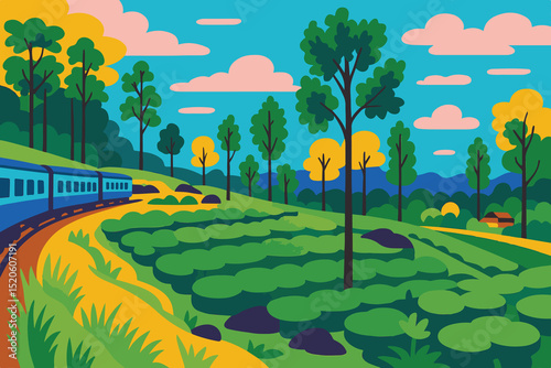 A stylized illustration features a vibrant landscape with rolling hills, verdant trees, and a bright blue sky dotted with pink clouds