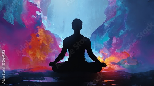 Silhouette Man Meditating Colorful Vibrant Watercolor Background Peaceful Spiritual Yoga Wellness   