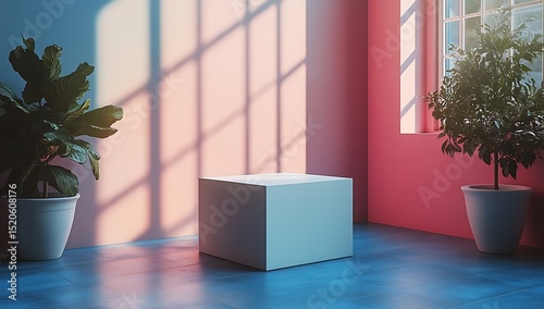 White cube mockup in colorful room with plants and shadows

