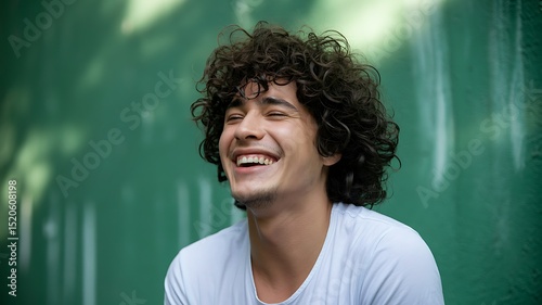 Joyful Young Man with Curly Hair, Outdoors Portrait