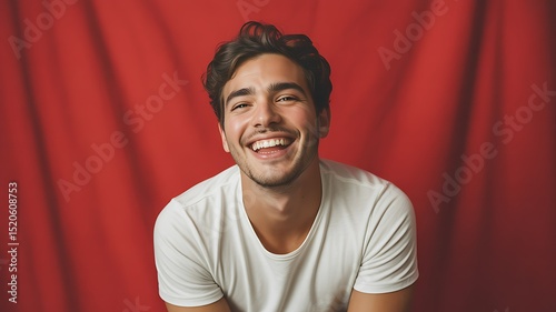 Portrait of a Smiling Young Man Against a Red Background