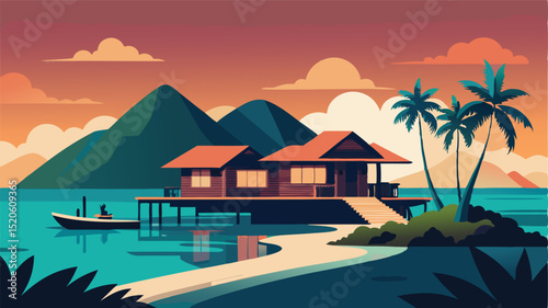Tropical island resort vacation home rental illustration