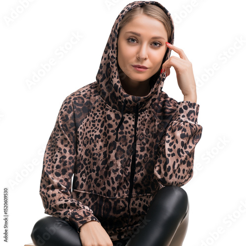 Trendy animal print hoodie worn by a model with a stylish pose indoors