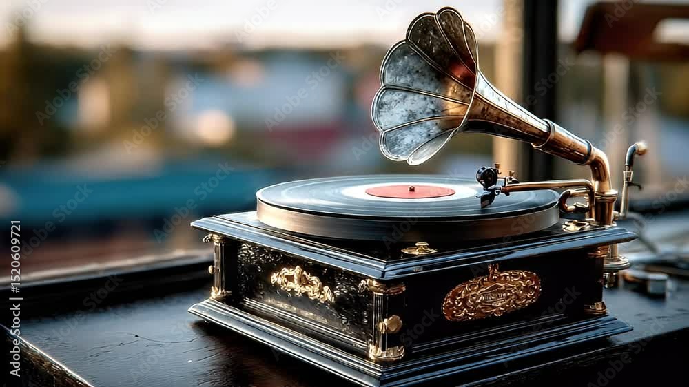 Vintage record player on wooden surface