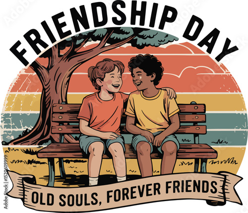 Friendship Day Two Happy Kids Sitting on a Bench Under a Tree