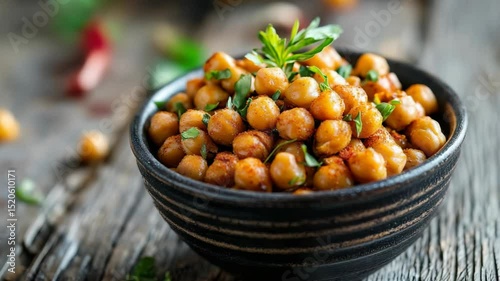 Close Up of Spicy Chickpeas in a Dark Bowl Garnished with Herbs on Rustic Wooden Tabletop with Natural Light a Culinary Delight