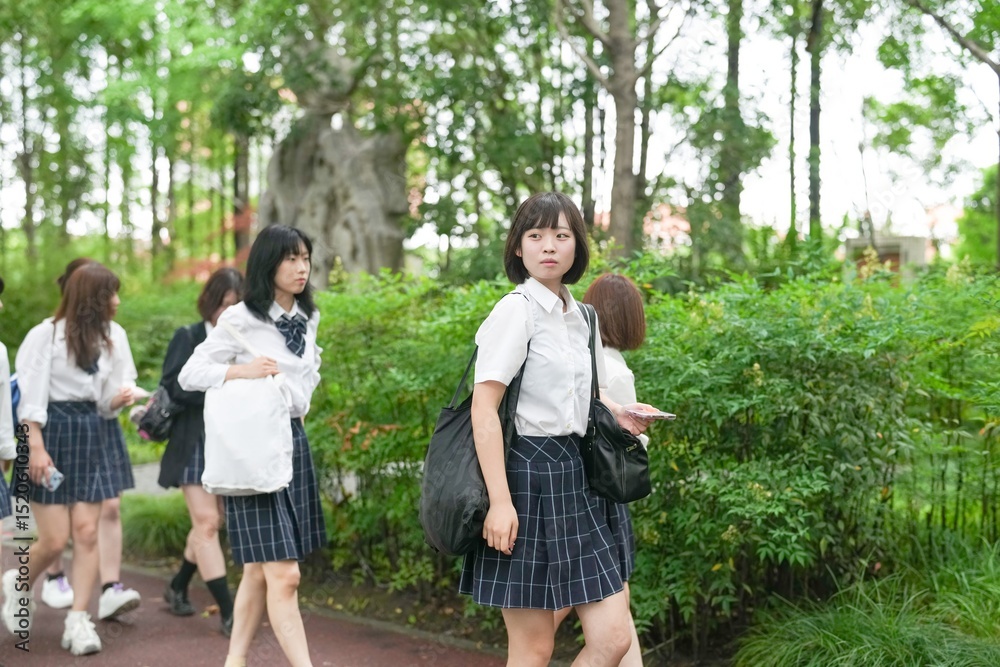 Obraz premium In early summer in Shanghai's Pudong district, seven Japanese high school girls in summer uniforms walk together along a tree-lined city street toward school, smiling as they go, seen from behind.