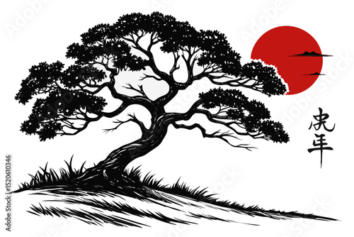 A captivating black and white silhouette of a stylized tree, reminiscent of traditional Japanese art, set against a backdrop of a gently sloping landscape with grass.