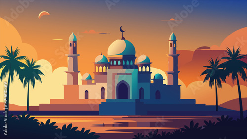 Islamic mosque architecture illustration at scenic sunset
