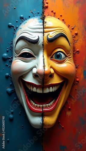 Abstract split-face mask with half laughing, half crying expression. Symbolizes duality of human emotion, theatre performance, and psychological contrast.
