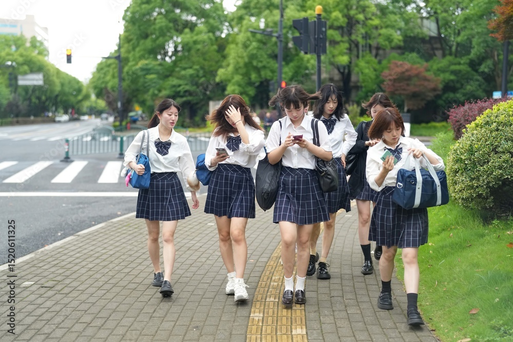 Obraz premium In early June in Pudong, Shanghai, seven Japanese high school girls in summer uniforms walk together down a city street, smiling and chatting as they head to school under the soft morning sunlight.