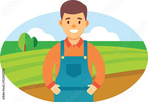 Smiling Farmer Standing in Green Field Background Illustration