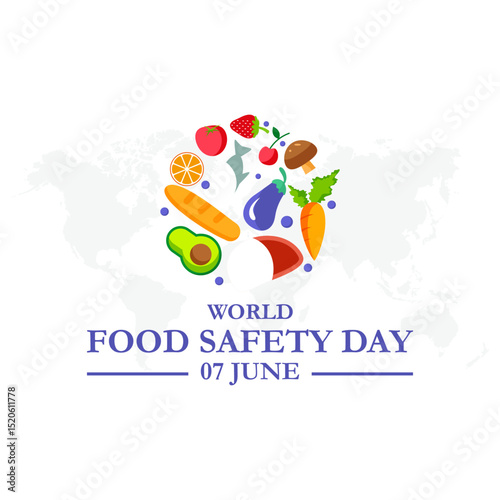 World Food Safety day. 7th June World Food Safety day celebration banner, post with safety shield, carrot, apple.