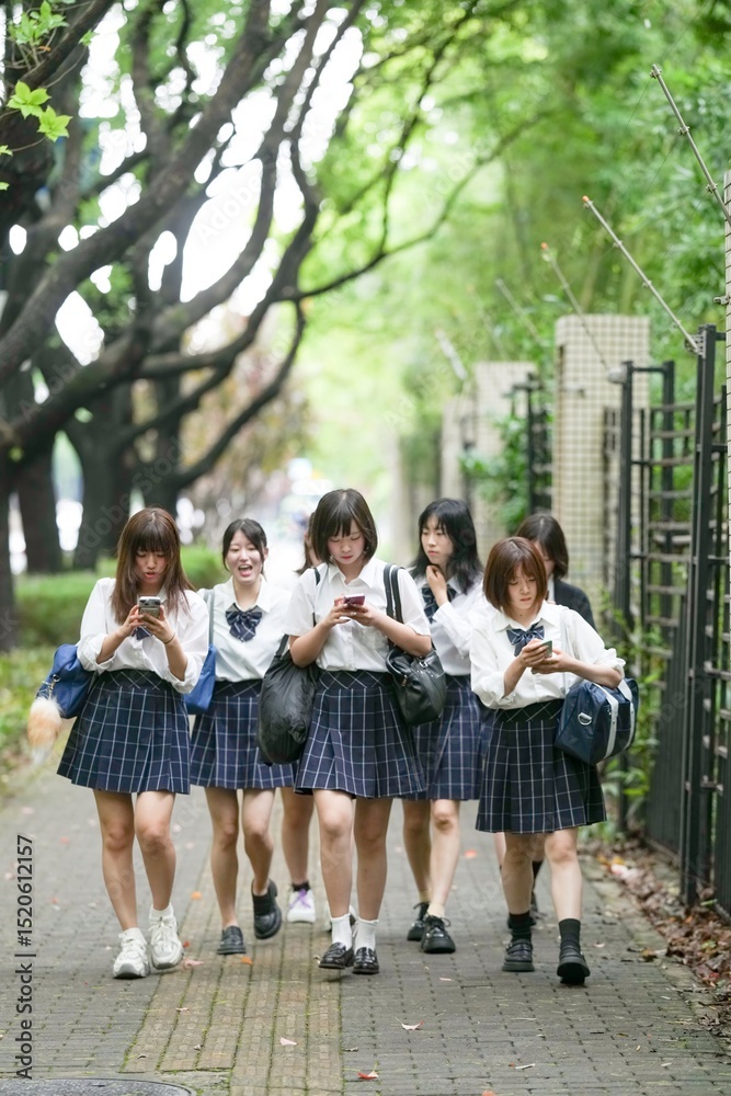 Obraz premium In early June in Pudong, Shanghai, seven Japanese high school girls in summer uniforms walk together down a city street, smiling and chatting as they head to school under the soft morning sunlight.