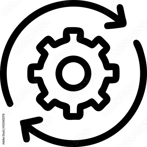 Circular Arrows with Gear Symbol A Vector Design Illustrating Process Workflow and Technological Advancement with Customizable CMYK Colors and Helvetica Courier