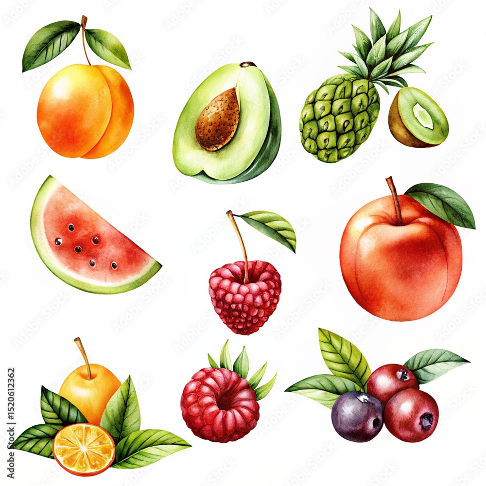 Fruits for healthy life A vibrant assortment of fresh fruits including peaches, raspberries, and blueberries scattered on a white background, showcasing their natural colors and textures.
Fruits for healthy life A vibrant assortment of fresh fruits including peaches, raspberries, and blueberries scattered on a white background, showcasing their natural colors and textures.