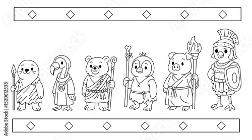 Animal warriors and fantasy characters line art, cute ancient cartoon style line drawing, history themed outfits.