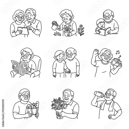 Senior lifestyle activities line art collection, set of elderly people enjoying daily routine and spending time with family.