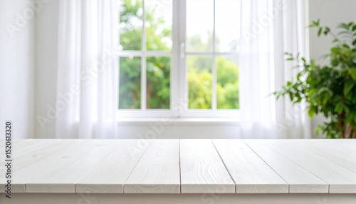White wooden table top on blurred background of white window with curtains