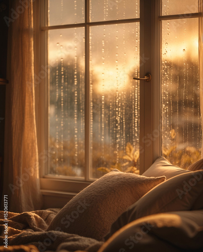 couch bed and decorative pillows in warm indoor space featuring rain covered window on peaceful afternoon home view aesthetic interior design wallpaper background