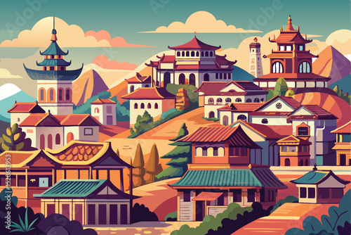 Charming Vector Illustration of an Old Eastern City with Traditional Houses and a Cute Cat Showcasing Cultural Heritage and Whimsical Design