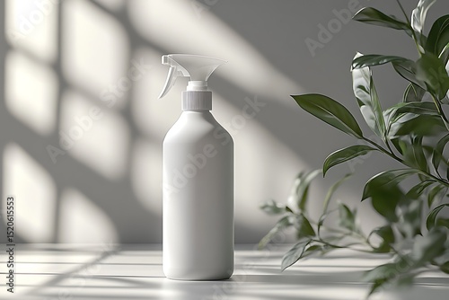 White spray bottle mockup with greenery and window shadows

