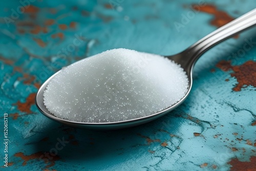 Close-Up of White Sugar in Spoon on Textured Turquoise Surface – Macro Food Photography