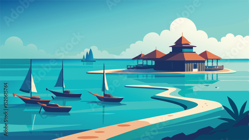 Island resort with boats and ocean view travel destination