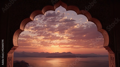 Serene Sunset View Through Ornate Archway Scenic Coastal Landscape Peaceful Evening Golden Hour     