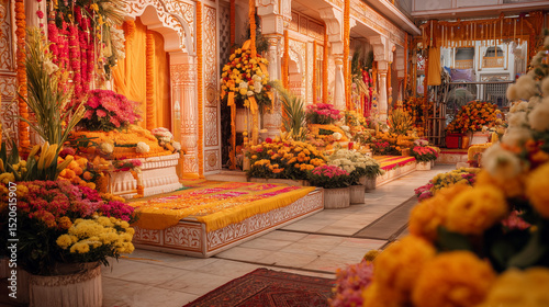 Festival Hari Baba Hari Singh Ji Maharaj, dekorasi kuil yang semarak, dan bunga selama Hari Baba Hari Singh Ji Maharaj, Ai menghasilkan gambar