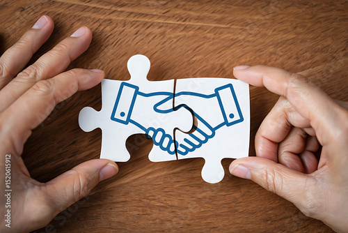 Human hands positioning puzzle pieces depicting a handshake on a wooden background symbolizing teamwork and collaboration