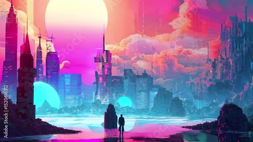 Exploring an inverted reality of a pixelated dreamscape with vibrant colors, soaring structures, and serene waters under a surreal sky during twilight