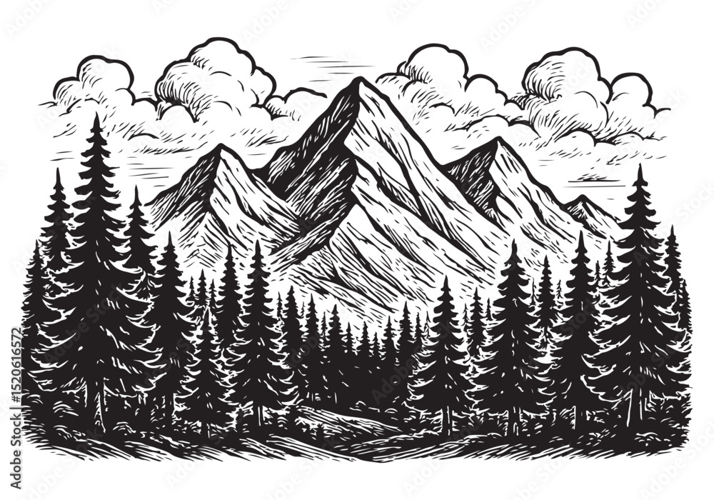 Fototapeta premium Simple line drawing of pine forest and mountain minimalist nature art.