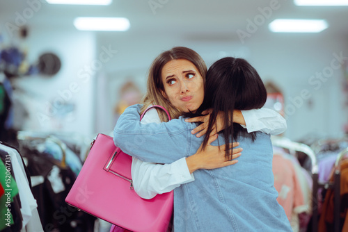 Hypocritical Woman Hugs a Friend Without Much Enthusiasm. Insincere fake friendship based on envy and dishonesty 