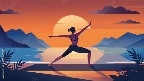 Yoga pose at sunset beach warrior asana fitness exercise
