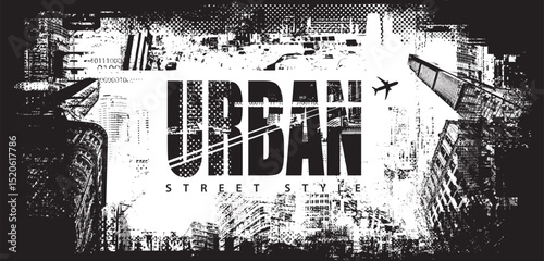 Abstract vector banner on the theme of urbanism and  street art  against the background of the architecture of a city, newspaper clippings and flying plane.T-shirt design, poster. No AI used